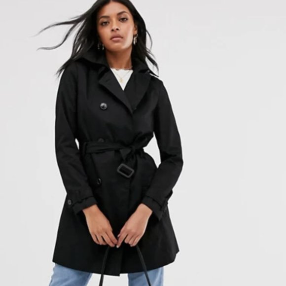 Stradivarius Jackets & Blazers - Stradivarius Black Trench Coat Button Tie Waist XS